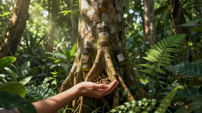 Lush jungle light illuminates a hand gently feeding a gnarled tree trunk