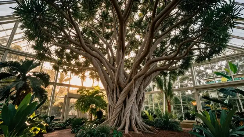 Grand, twisted bottle tree bathed in golden light within a humid conservatory