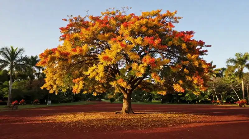 A majestic Brachychiton rupestris stands vibrantly against deep red tropical earth