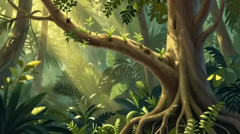 A tropical bottle tree glows under dappled golden sunlight