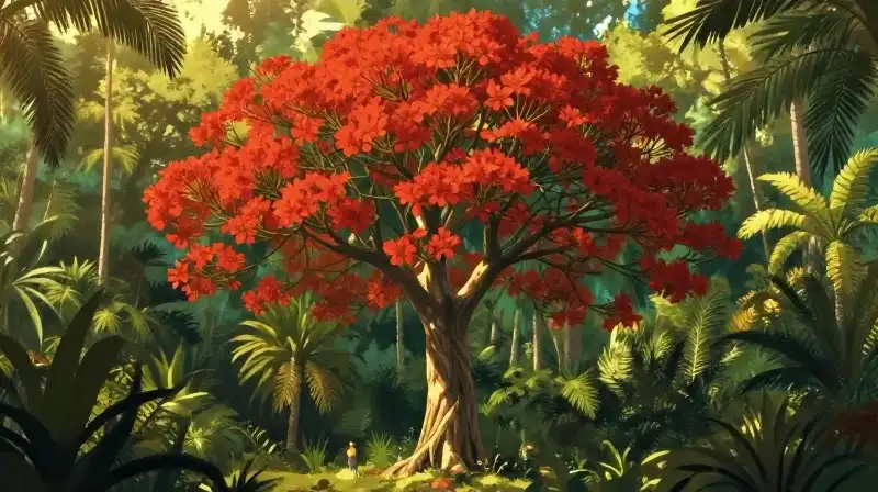 Massive bottle tree dwarfs a tiny person in glowing jungle