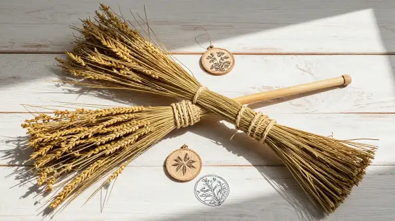 Rustic broom and golden stalks illuminate a sun-drenched wooden table