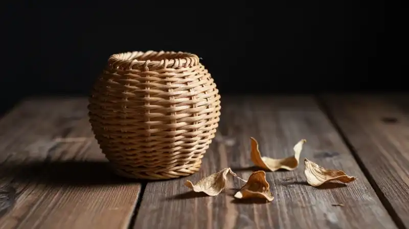 A delicate woven vessel rests on an aged oak table amidst dried husks