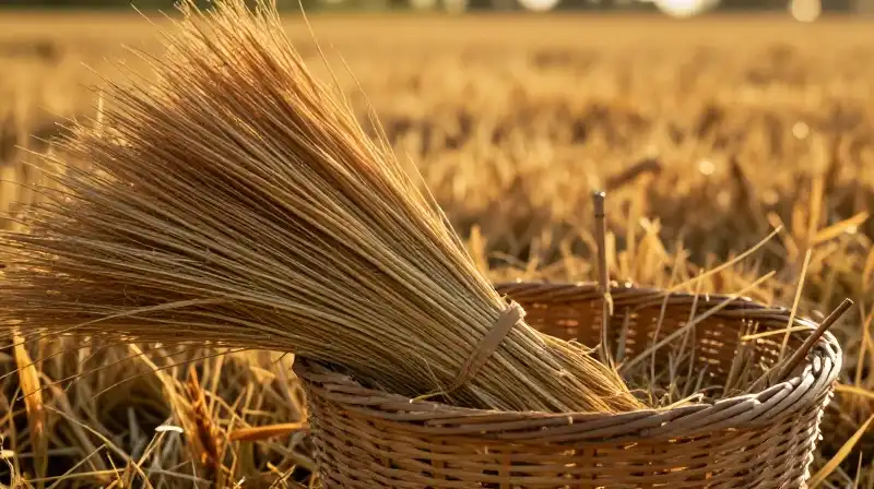 Golden hour bathes a straw-filled harvest basket among sun-drenched broomcorn stalks