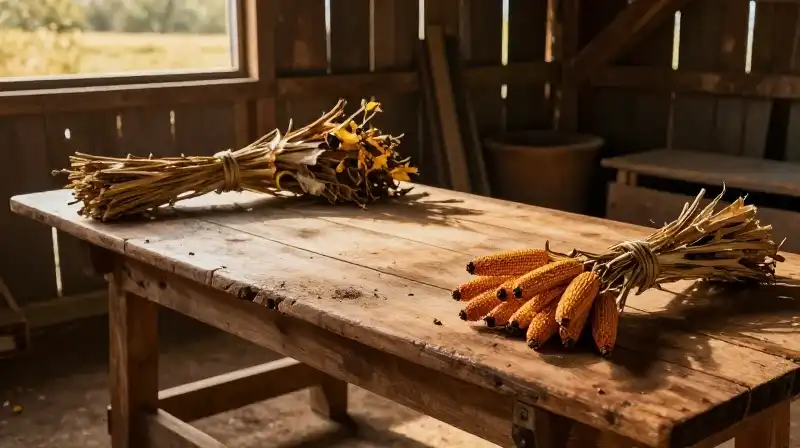 Golden light illuminates rustic bundles of dried broomcorn in a sunlit barn