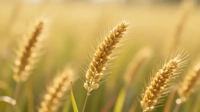 Tall, golden broomcorn seed heads fill a sunlit, hyperdetailed field