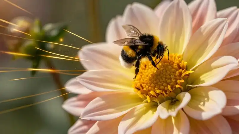 Bumblebee lands on a dahlia within abstract golden light streams