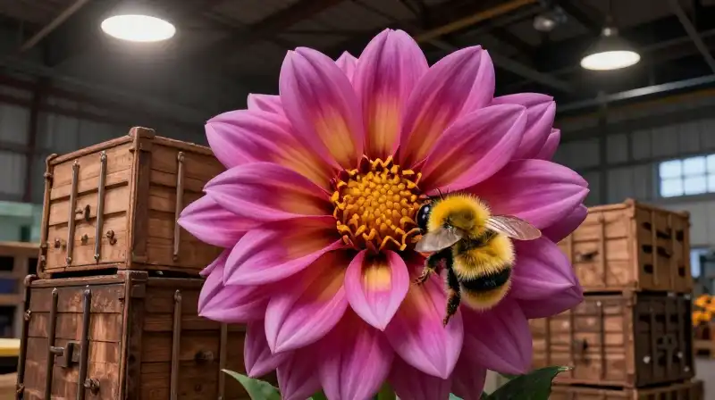 A vibrant dahlia, fuzzy bee, and wooden crates sit inside a dark warehouse