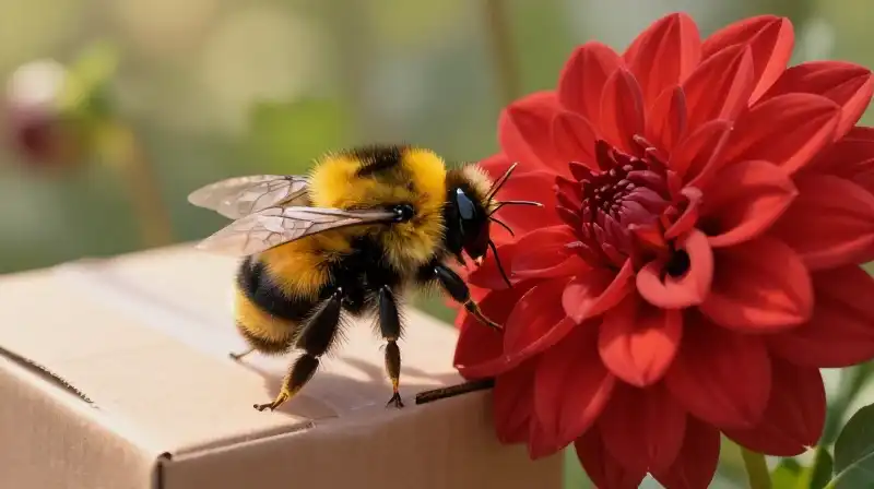A fuzzy bee rests on a vibrant crimson dahlia under soft light