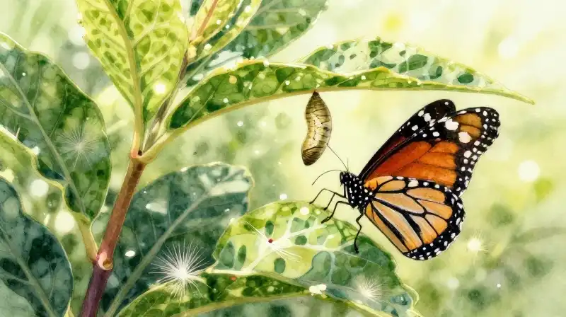Luminous chrysalis rests on lush green foliage in ethereal sunlight