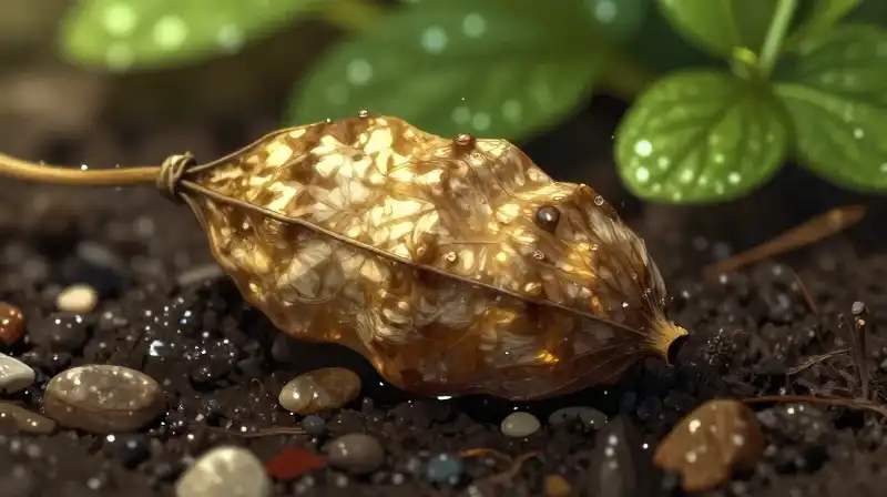 A dried milkweed pod rests in dappled sunlight on rich, green soil