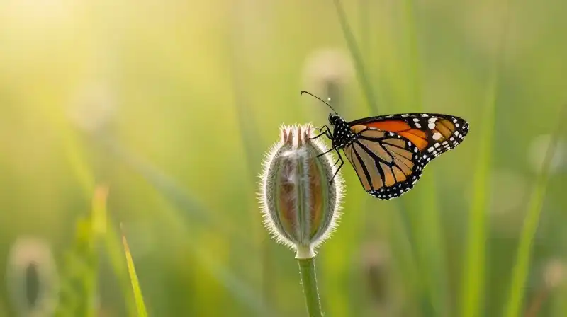 A Monarch butterfly rests on a milkweed seed pod in a sunlit meadow