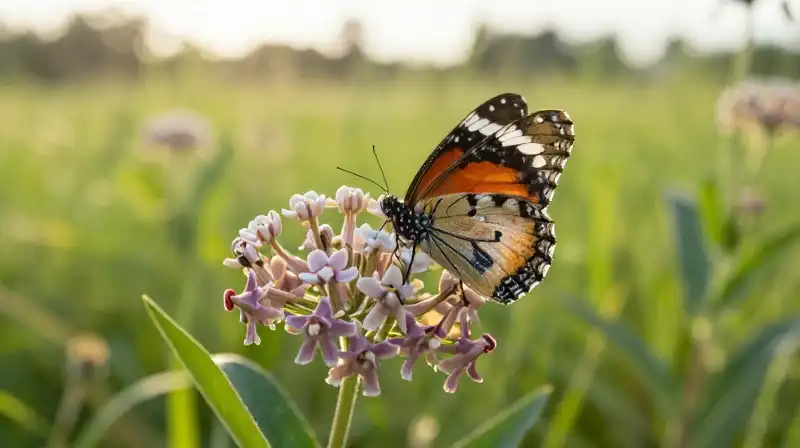 Detailed milkweed bloom bathed in soft golden hour light within a lush meadow