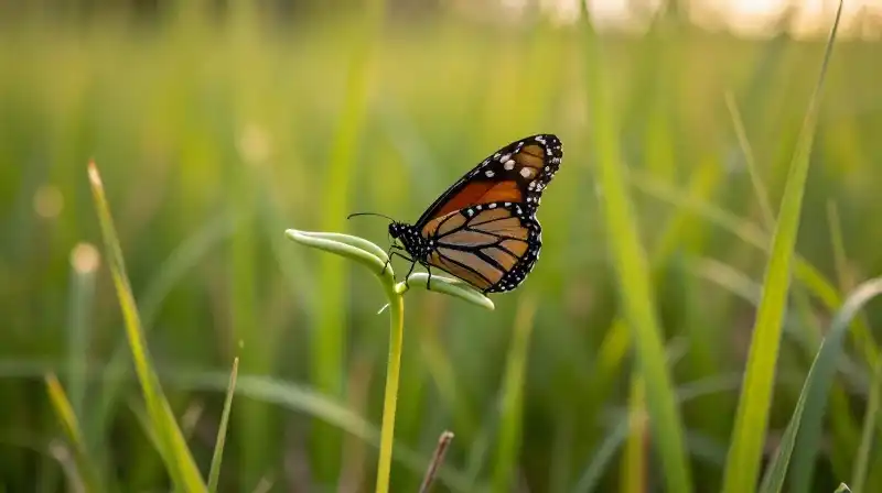 Golden light illuminates a monarch resting on milkweed