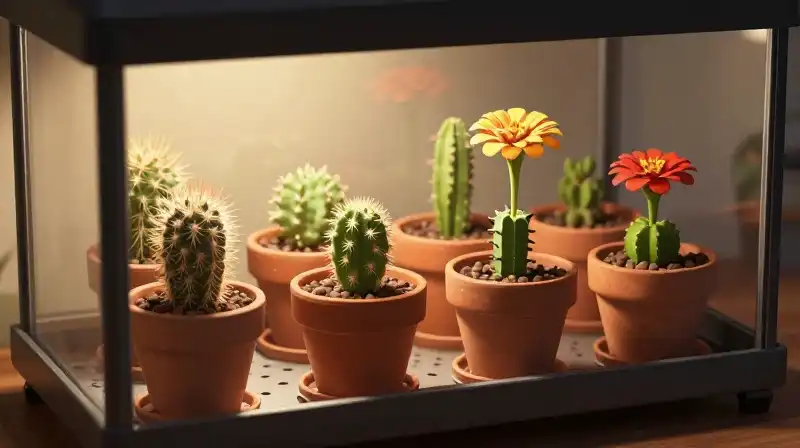 Tiny cactus seeds in warm, sunlit terracotta pots