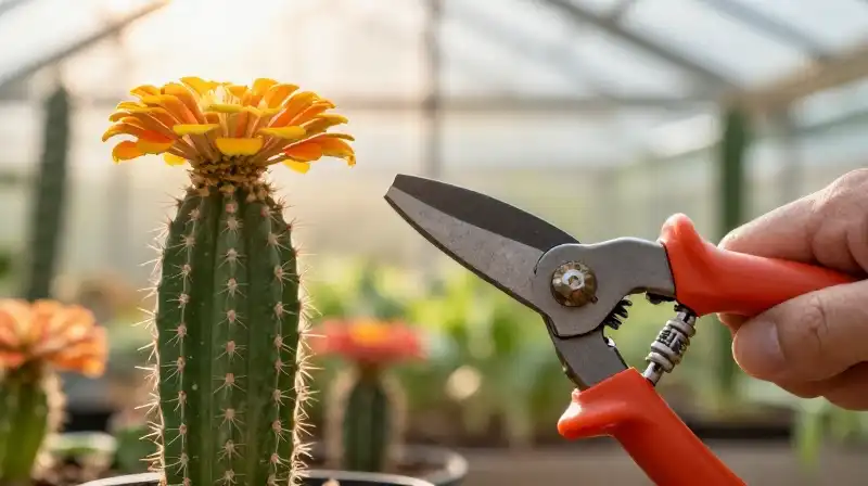 A vibrant green cactus and zinnia grow under brilliant, glowing greenhouse light