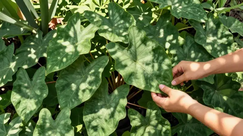 A hand nurtures lush, patterned caladium plants in dappled sunlight