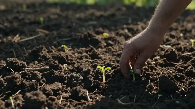 A hand tends small tuber plants through dark, rich soil under soft dappled sunlight