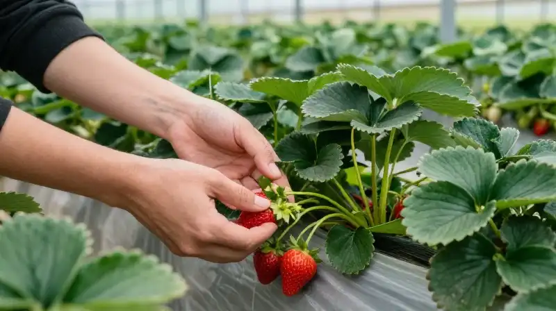 Vibrant strawberries grow lush within a sunlit greenhouse