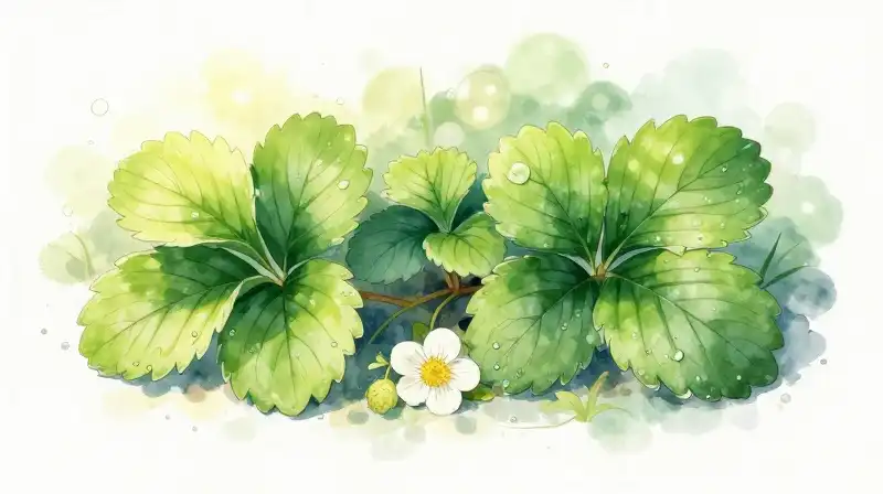 Vibrant green watercolor strawberry plant in bright dewy sunlight