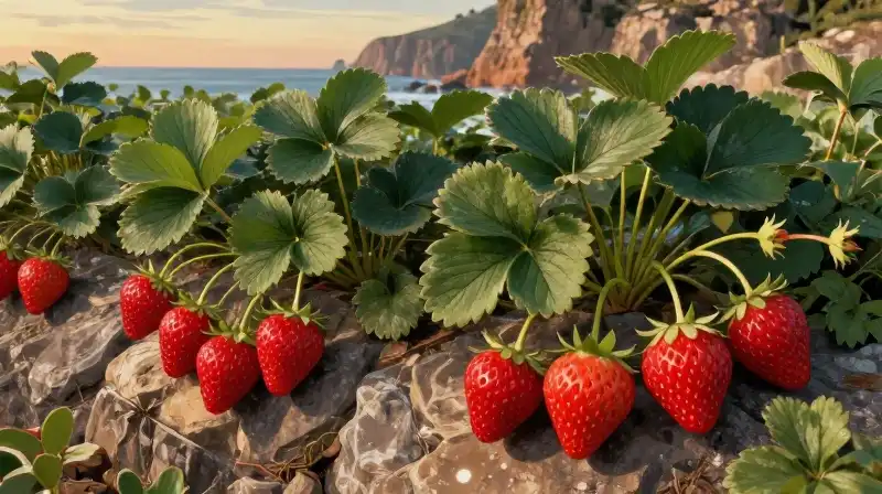 Lush red strawberries thrive on rocks bathed in golden light