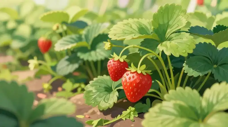 Vibrant red strawberries fill a lush green garden in soft golden light