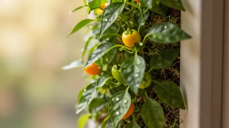 Bright candy cane pepper plants thrive in a cozy vertical garden