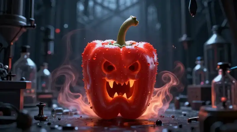A monstrous candy cane pepper glows in a dark gothic lab