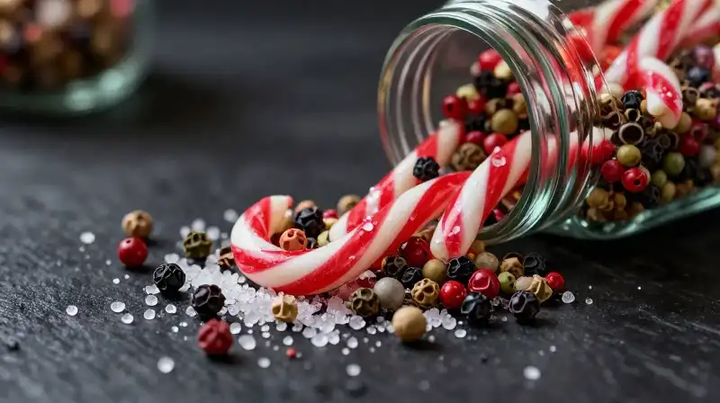 Vibrant peppercorns scatter across a dark, sugary kitchen surface