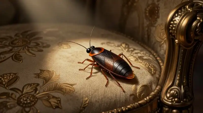 A detailed bug crawls on dark, luxurious antique upholstery