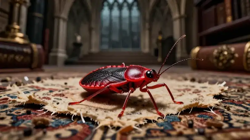 A blood-red bed bug on shredded antique carpet in a gothic study