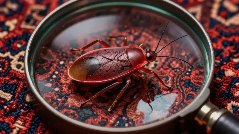 Intense macro closeup of a reddish insect on ancient rug