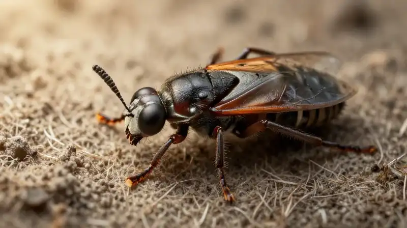 Two detailed insects rest on coarse fabric under warm light