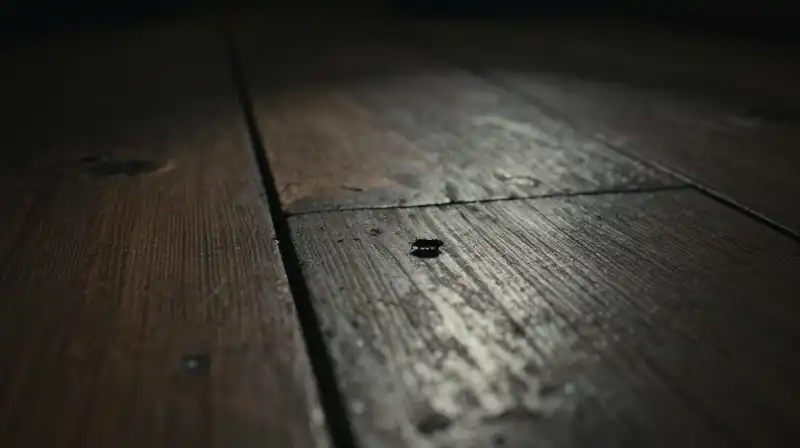 Tiny dark beetles emerge from deep shadows on antique wooden floorboards