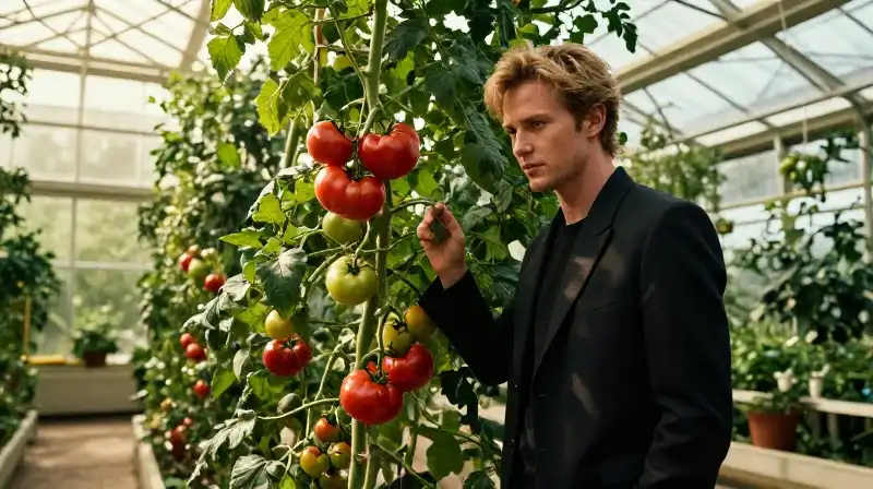 A towering celebrity stands amidst opulent greenhouse tomato plants bathed in sunlight