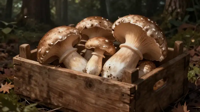 Creamy mushrooms spill from a wooden crate in deep shadow