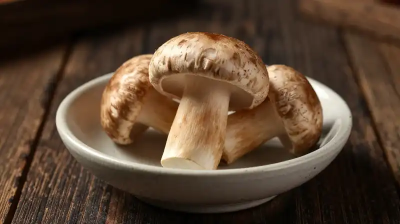 A single chestnut mushroom sits on a ceramic dish on aged wood