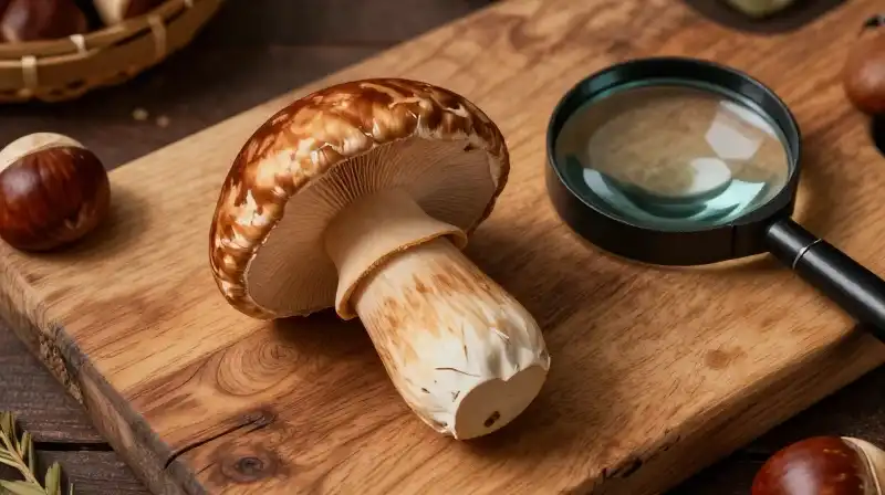 A detailed mushroom specimen under a magnifying glass on wood