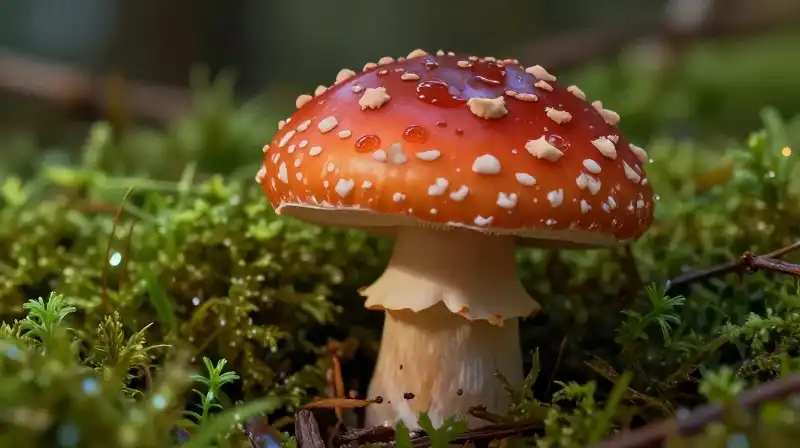 A detailed chestnut mushroom sits on damp moss in volumetric light