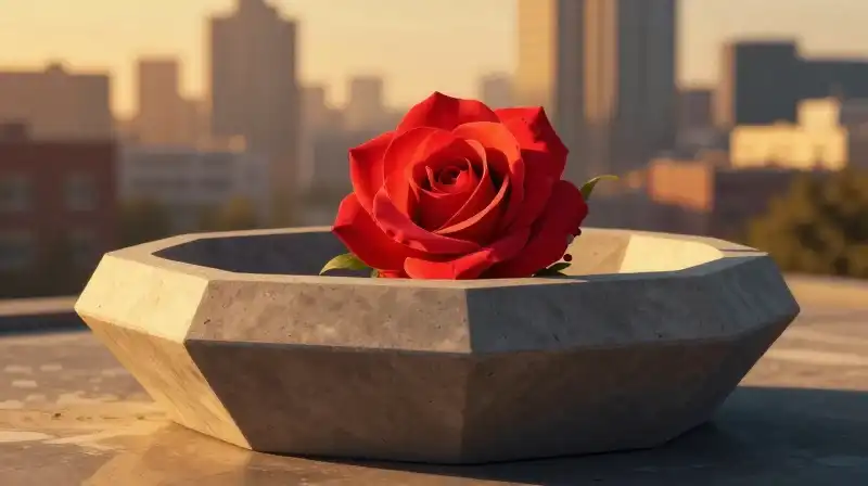 A vivid rose blooms dramatically against a stark concrete basin and city backdrop