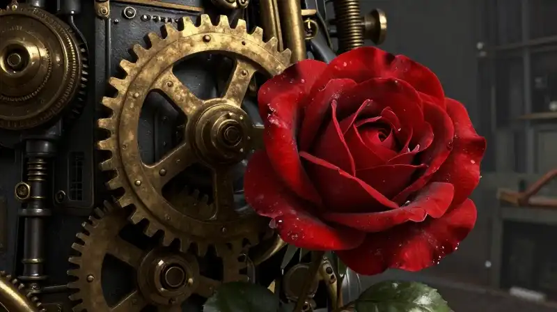 A crimson rose blends with brass gears amidst gritty, dramatic urban infrastructure