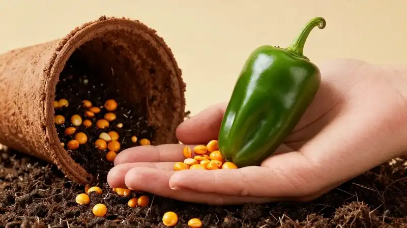 A hand holds a vibrant poblano pepper above earthy potting soil