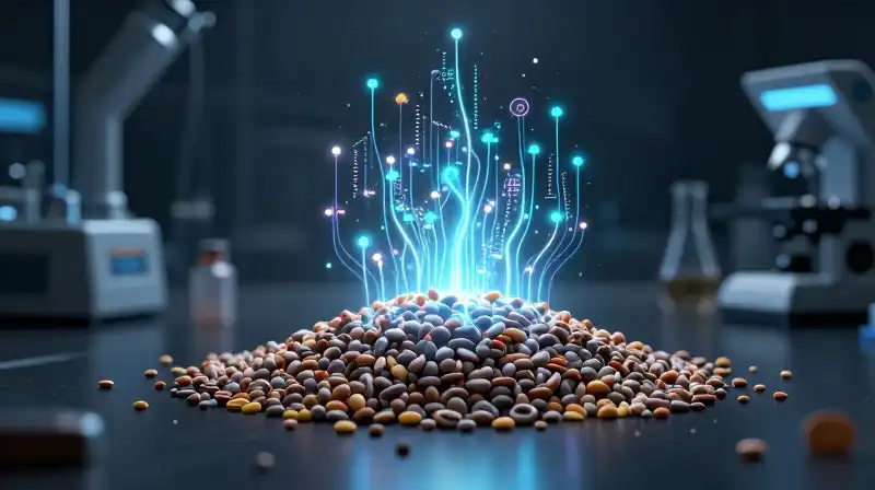 Glowing seeds within a data stream in a dark lab