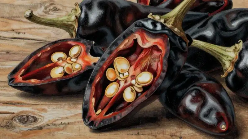 Vibrant, dark chiles and seeds pile dramatically upon rough wood