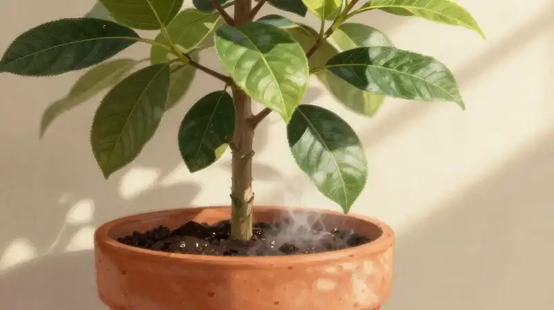 A cinnamon tree in a clay pot sits gently in a warm, misty light