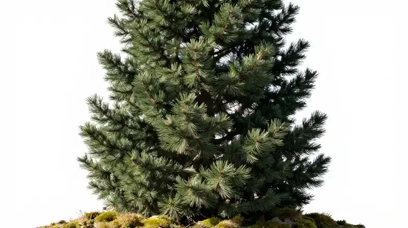 Tall, sharp spruce rises above moss in crisp winter sunlight