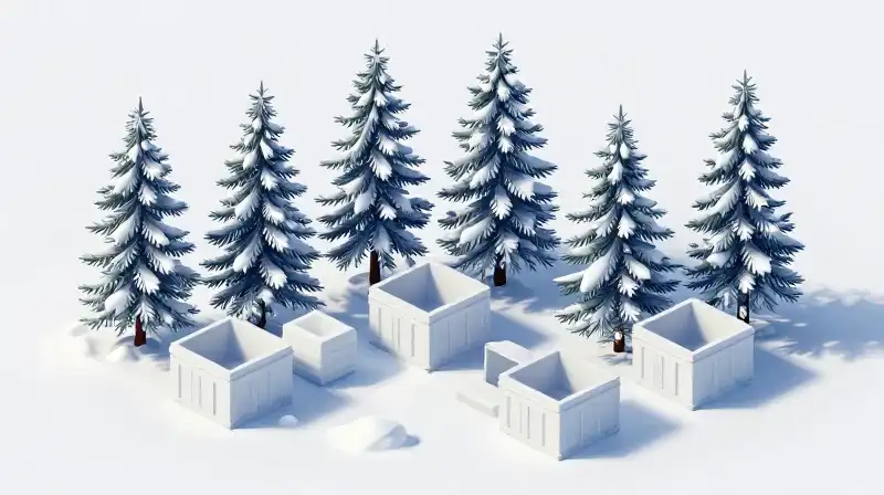 Stacked geometric crates and a spruce stand on stylized snow