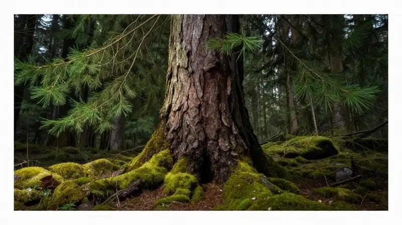 Columnar spruce thrives under dramatic light on rich, mossy soil