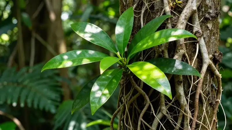 Vibrant green roots climb lush bark under dappled rainforest sunlight