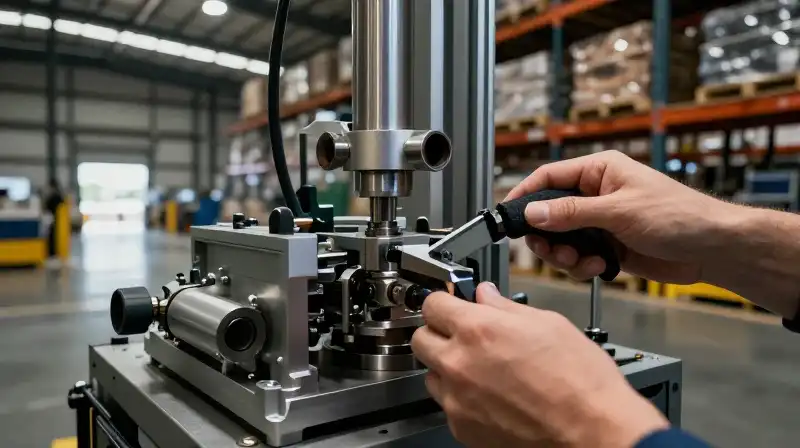 Hands check a complex metal assembly inside a large, well-lit factory
